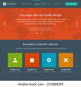 Website Template Landing One Page Header Flat Design and Icons. 960 grid system vector illustration.