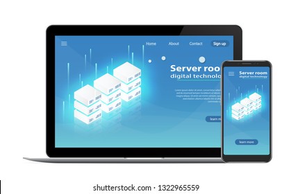 Website Template Landing page Concept of server hosting.  Data transmission technology and data protection. Illustration of network telecommunication server. Server room icon, computer technologies