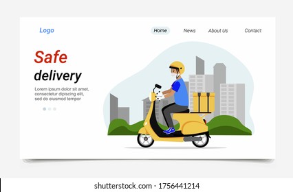 Website template, landing page. Courier on a scooter. The concept of service and safe food delivery. A young man in a medical mask and gloves rides around the city on a scooter with a box. Vector 