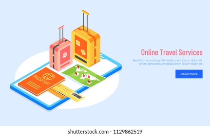 Website template or landing page design with 3D illustration of smartphone, passport, map and backpack for Online Travel Services concept.