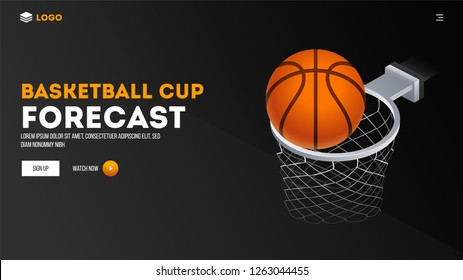 Website template or landing page design with illustration of basketball hoop on black background.