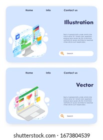 Website template, landing page design for website and mobile site development. Illustration and vector concept web banners. Vector art and graphics, flat isometric illustration.