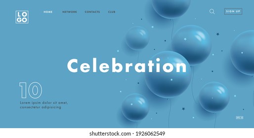 Website template, landing page home screen banner with round balloons, monochrome blue on blue background, modern stylish