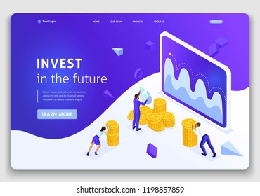 Website Template Landing page Isometric concept investment management, businessmen carry money to invest. Easy to edit and customize