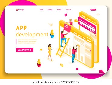 Website Template Landing page Isometric concept People team work together in web industry. App development. Easy to edit and customize.