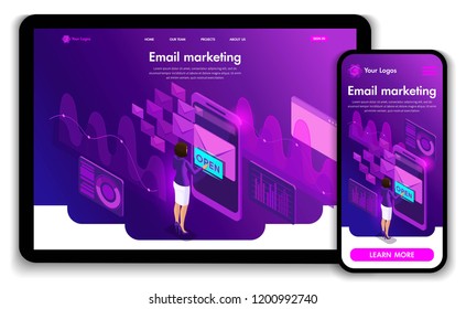 Website Template Landing page Isometric concept of augmented reality, the girl plays in virtual eyes in virtual reality. Easy to edit and customize, Responsive.