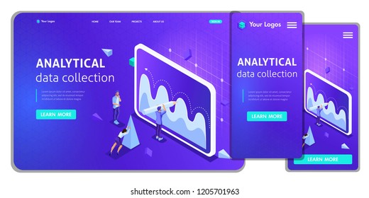 Website Template Landing page Isometric concept analytical data collection, Teamwork. Easy to edit and customize, adaptiive