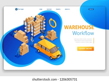 Website Template Landing page Isometric concept warehouse workflow, Warehouse Logistic, trucking, support 24 7. Easy to edit and customize.