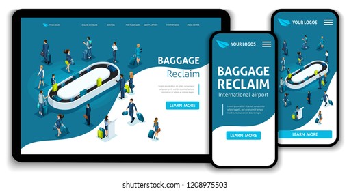 Website Template Landing page Isometric concept International Airport, Baggage reclaim, business trip. Easy to edit and customize, adaptiive ui ux.