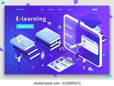 Website Template Landing page Isometric concept library, e-learning, education, media library or web archive. Easy to edit and customize.