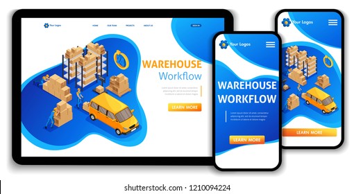 Website Template Landing page Isometric concept warehouse workflow, Warehouse Logistic, trucking, support 24 7. Easy to edit and customize, adaptiive ui ux.