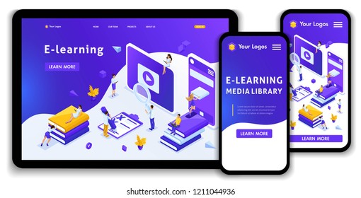 Website Template Landing page Isometric concept library, encyclopedia, e-learning, education, media library or web archive. Easy to edit and customize, adaptive.