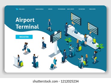 Website Template Landing page Isometric concept International Airport, Airport Terminal, Baggage reclaim, business trip. Easy to edit and customize.