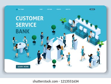 Website Template Landing page Isometric customer service room, clients serviced by bank consultants, deposits, loans, mortgages. Easy to edit and customize.