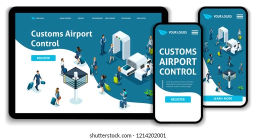 Website Template Landing page Isometric concept International Airport, Customs Airport Control, business trip. Easy to edit and customize, adaptiive ui ux