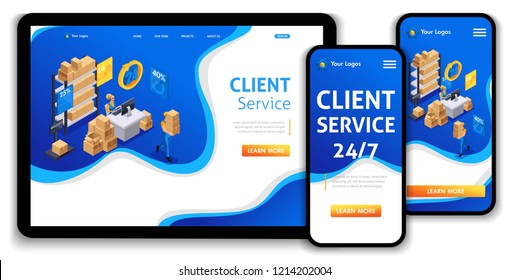 Website Template Landing page Isometric concept customer service, hotline operator, global technical support 24 7. Easy to edit and customize, adaptiive ui ux