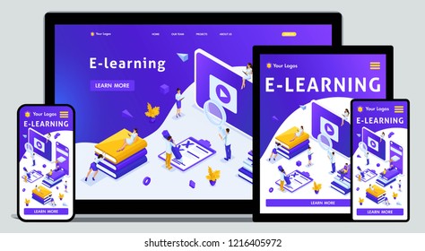 Website Template Landing page Isometric concept library, encyclopedia, e-learning, education, media library or web archive. Easy to edit and customize, adaptiive.