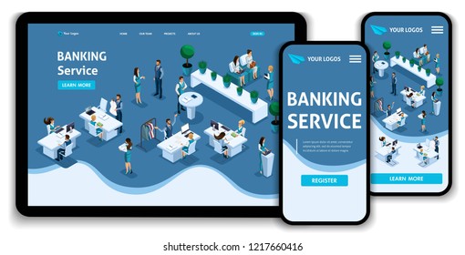 Website Template Landing page Isometric concept banking service, customer service, bank site, credit cards. Easy to edit and customize, adaptiive ui ux.