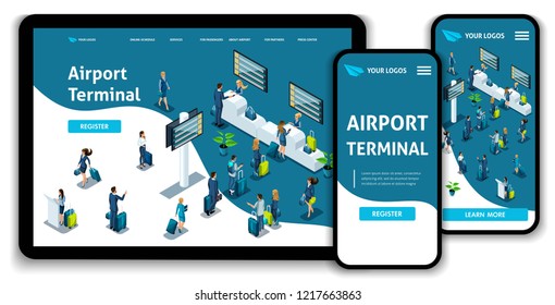 Website Template Landing page Isometric concept International Airport, Airport Terminal, Baggage reclaim, business trip. Easy to edit and customize, adaptiive ui ux.