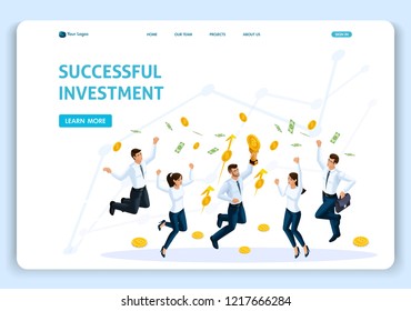 Website Template Landing page Isometric concept Business analysis, Successful investment, team work, employees jump. Easy to edit and customize.