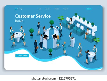 Website Template Landing page Isometric conceptcustomer service in bank, Service hall, bank clints. Easy to edit and customize.