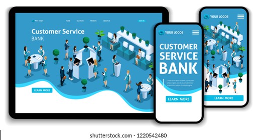 Website Template Landing page Isometric conceptcustomer service in bank, Service hall, bank clints. Easy to edit and customize, adaptiive ui ux.
