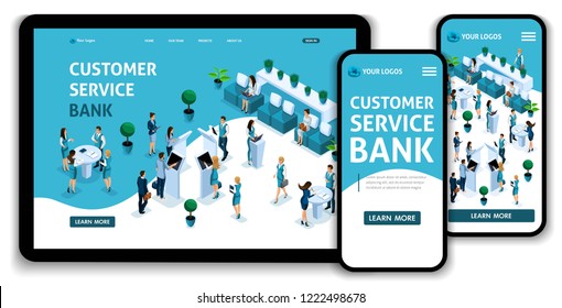 Website Template Landing page Isometric customer service room, clients serviced by bank consultants, deposits, loans, mortgages. Easy to edit and customize, adaptiive ui ux.