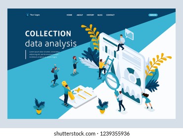 Website Template Landing Page Isometric Concept Young Entrepreneurs, Data Collection, Data Analysis. Easy To Edit And Customize