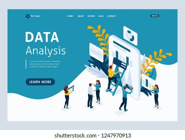 Website Template Landing page Isometric concept data collection by workers, the process of analyzing data on the tablet. Easy to edit and customize.