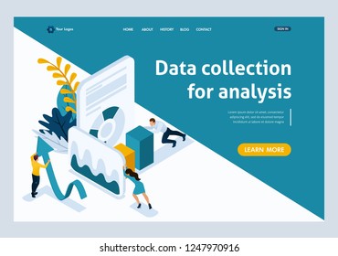 Website Template Landing page Isometric concept data collection for analysis, people in work. Easy to edit and customize.