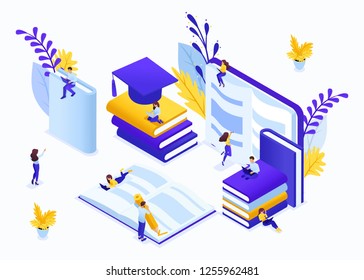 Website Template Landing page Isometric concept e-learning for second higher education, self-study, advanced training. Easy to edit and customize.