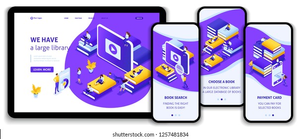 Website Template Landing page Isometric concept choose the right your book in our library for your E-learning, education. Easy to edit and customize, adaptive.