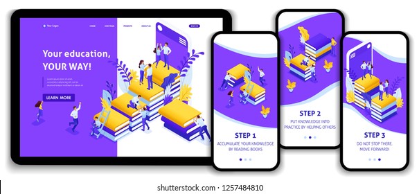 Website Template Landing page Isometric concept for E-learning, education Your knowledge your success. Easy to edit and customize, adaptive ui ux.