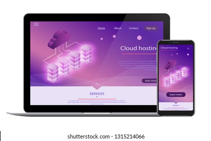 Website Template Landing page Isometric concept. Cloud database, server energy station of future. Server room, web hosting processing of big data concept. Data transmission technology data protection.