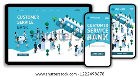 Website Template Landing page Isometric customer service room, clients serviced by bank consultants, deposits, loans, mortgages. Easy to edit and customize, adaptiive ui ux.