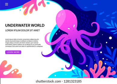 Website Template Landing page Octopus, coral and colorful reefs and algae. Vector illustration of sea landscape