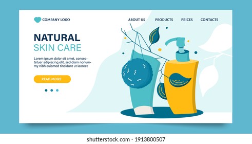 Website-Vorlage, Landing-Seite zum Thema Schönheit. Design-Konzept mit der Reinigung kosmetischer Produkte, Vektorgrafik.