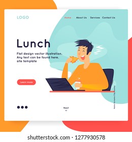 Website Template. Lunch at the workplace. Business workflow management. Office life, business, programmer. Data analysis. Landing page. Flat design vector illustration.