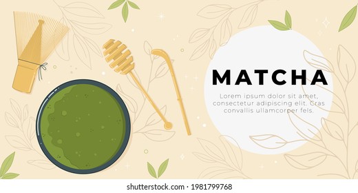 Website template with Matcha. Cool hand drawn poster for your coffee place. Green advertisement theme with matcha for a tea shop.