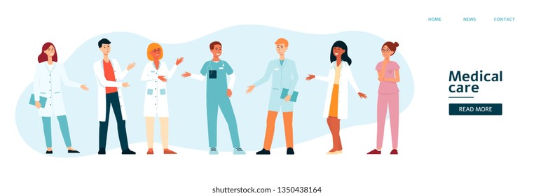 Website template with medical team cartoon style, vector illustration isolated on blue background. Banner for landing page with group of hospital doctors and nurses