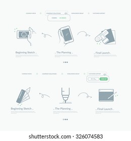Website template navigation elements:
Set of two company home pages design with concept icons and personal company logo.