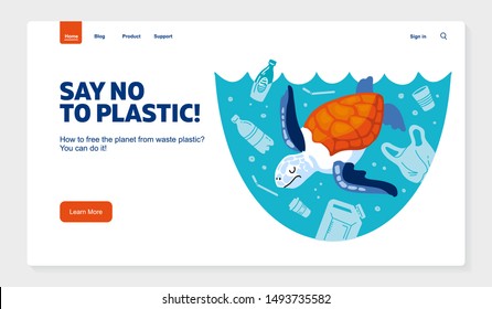 Website template No plastic! Vector flat illustration for World Environment Day. A sea turtle swims in sea with garbage - in water are plastic bag, glass, straw, bottle, canisters. Harm to nature.