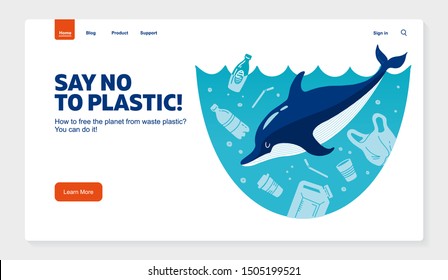 Website template No plastic! Vector flat illustration for World Environment Day. A Dolphin swims in sea with garbage - in water are plastic bag, glass, straw, bottle, canisters. Harm to nature.