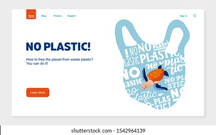Website template No plastic! Vector flat illustration for World Environment Day. A sea turtle swims in plastic bag with lettering . Harm to nature.