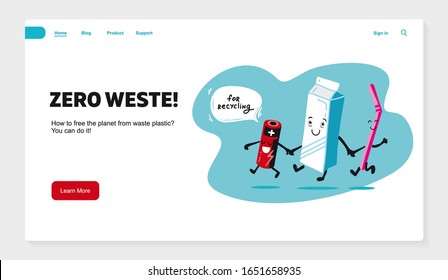 Website template No plastic! Vector flat illustration for World Environment Day. Garbage for recycling. Zero waste. Characters battery, tetra pack, straw are fun to recycle. Cartoon style, kawaii. Web