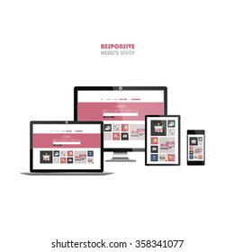 Website Template on Smart phone, laptop, tablet, and flat screen.