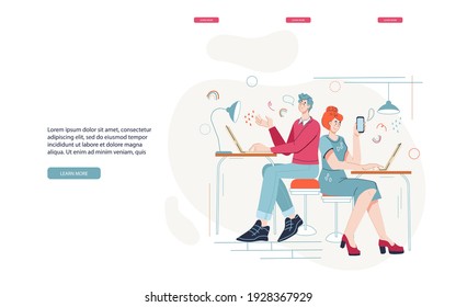 Website template on topic of coworking center with business people working in the open space office. Shared working environment and teamwork, flat cartoon vector illustration.
