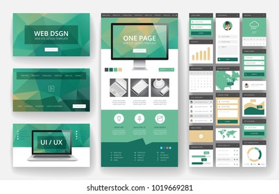 Website template, one page design, headers and interface elements. Low poly abstract backgrounds.
