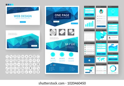 Website template, one page design, headers and interface elements. Low poly abstract backgrounds.