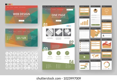 Website template, one page design, headers and interface elements. Low poly abstract backgrounds.